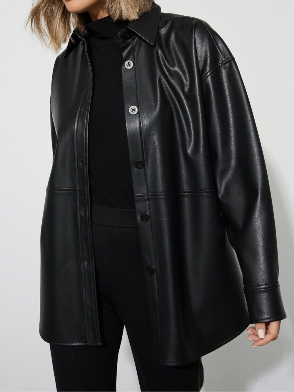 Joseph Ribkoff Black Vegan Leather Relaxed Button Down Shirt Jacket - Medium